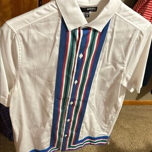 Murano Men's White Shirt with Blue and Red Stripes